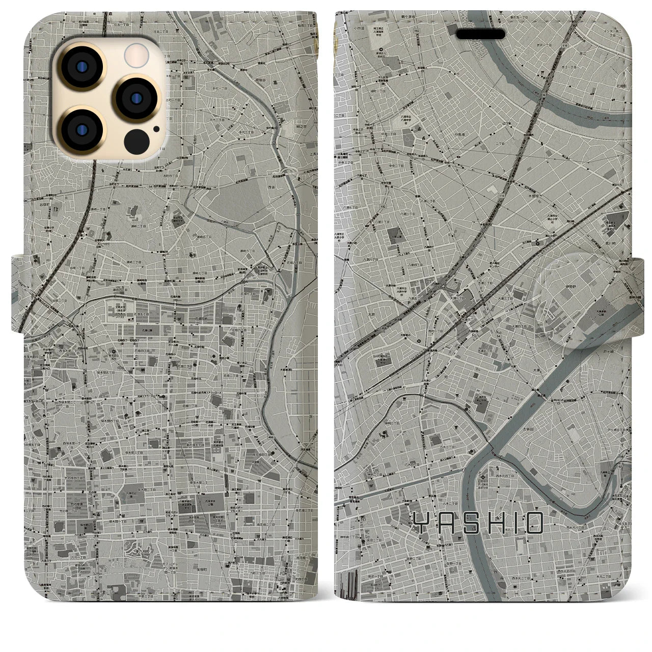 【八潮(埼玉県)】地図柄iPhoneケース(手帳タイプ)モノトーン・iPhone 12 Pro Max 用