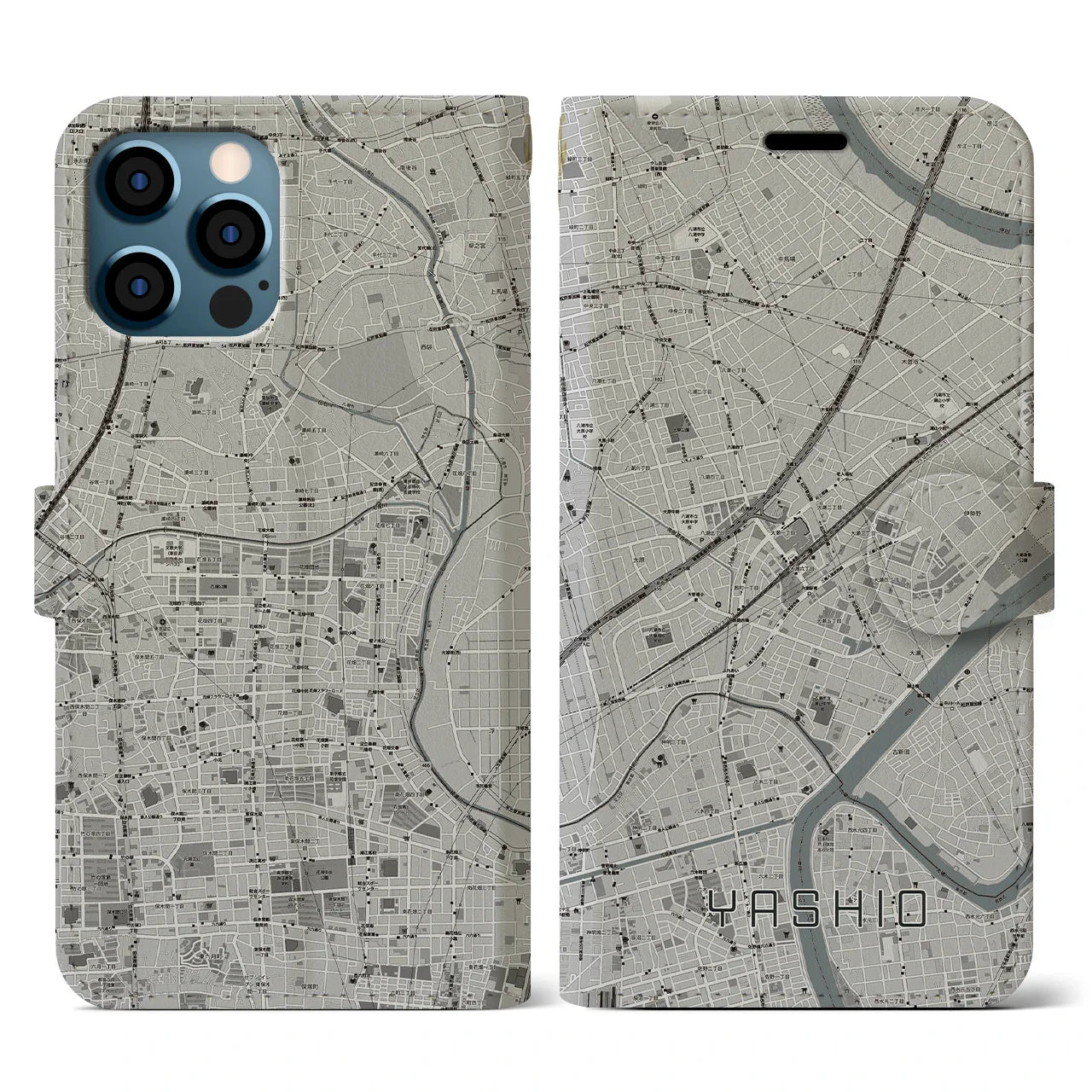 【八潮(埼玉県)】地図柄iPhoneケース(手帳タイプ)モノトーン・iPhone 12 / 12 Pro 用