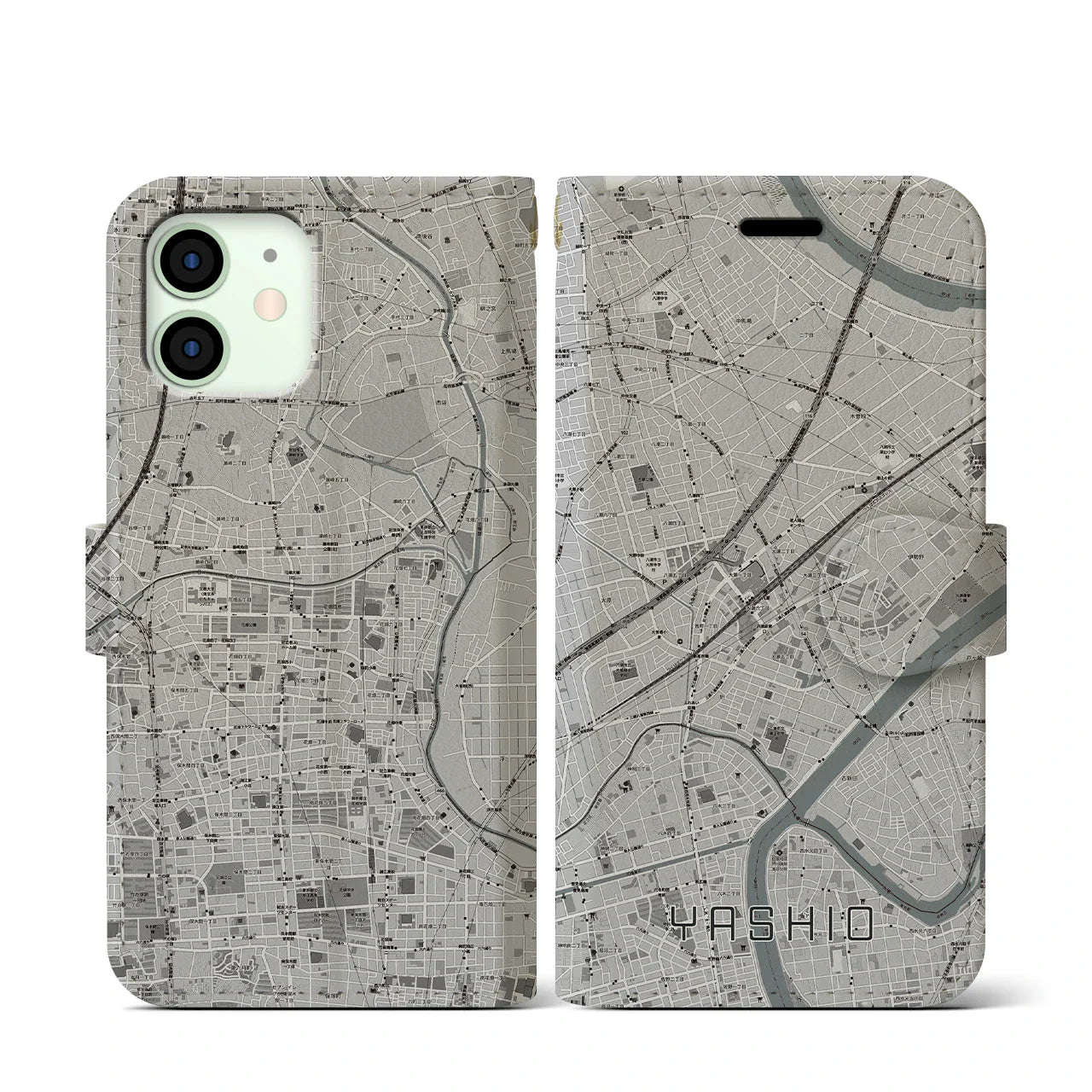 【八潮(埼玉県)】地図柄iPhoneケース(手帳タイプ)モノトーン・iPhone 12 mini 用