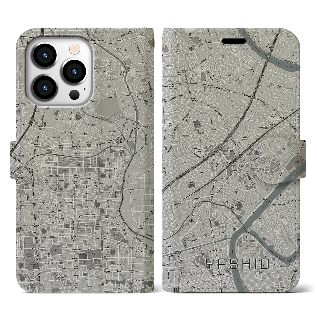 【八潮(埼玉県)】地図柄iPhoneケース(手帳タイプ)モノトーン・iPhone 13 Pro 用