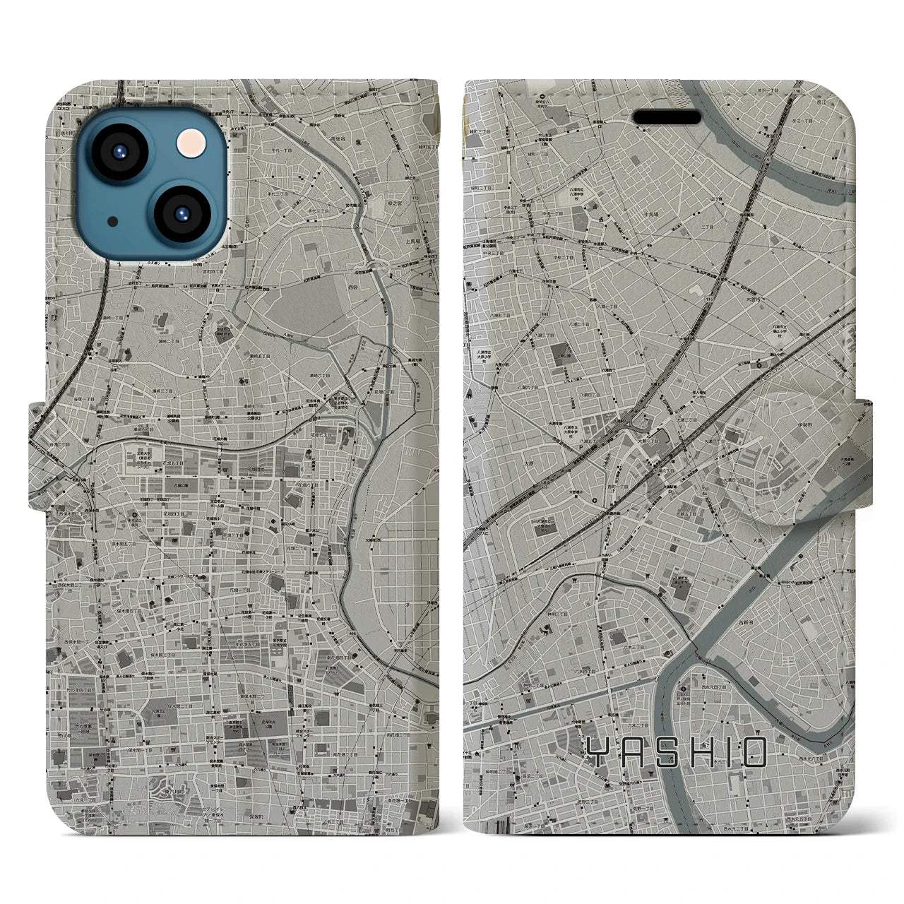 【八潮(埼玉県)】地図柄iPhoneケース(手帳タイプ)モノトーン・iPhone 13 用