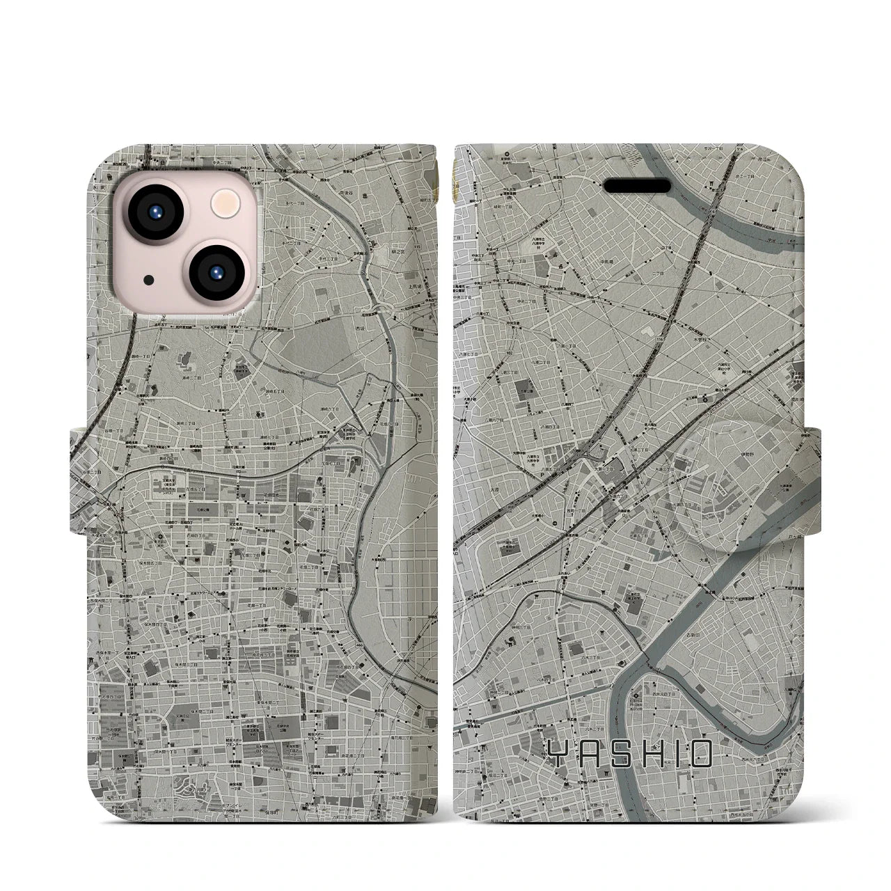 【八潮(埼玉県)】地図柄iPhoneケース(手帳タイプ)モノトーン・iPhone 13 mini 用