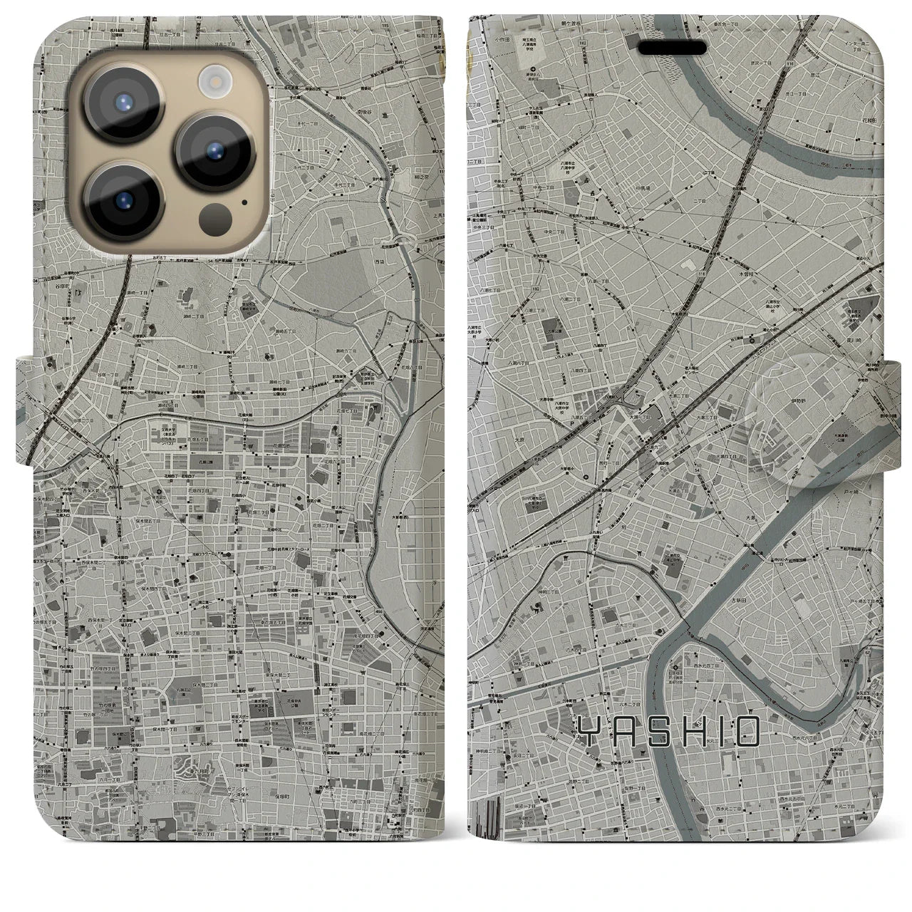 【八潮(埼玉県)】地図柄iPhoneケース(手帳タイプ)モノトーン・iPhone 14 Pro Max 用