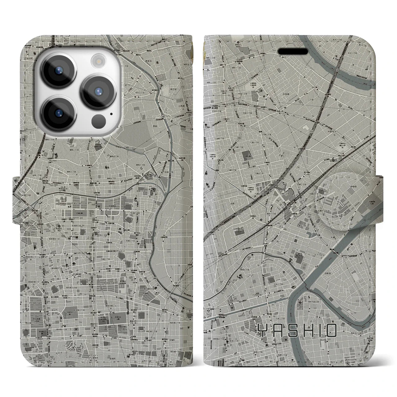 【八潮(埼玉県)】地図柄iPhoneケース(手帳タイプ)モノトーン・iPhone 14 Pro 用