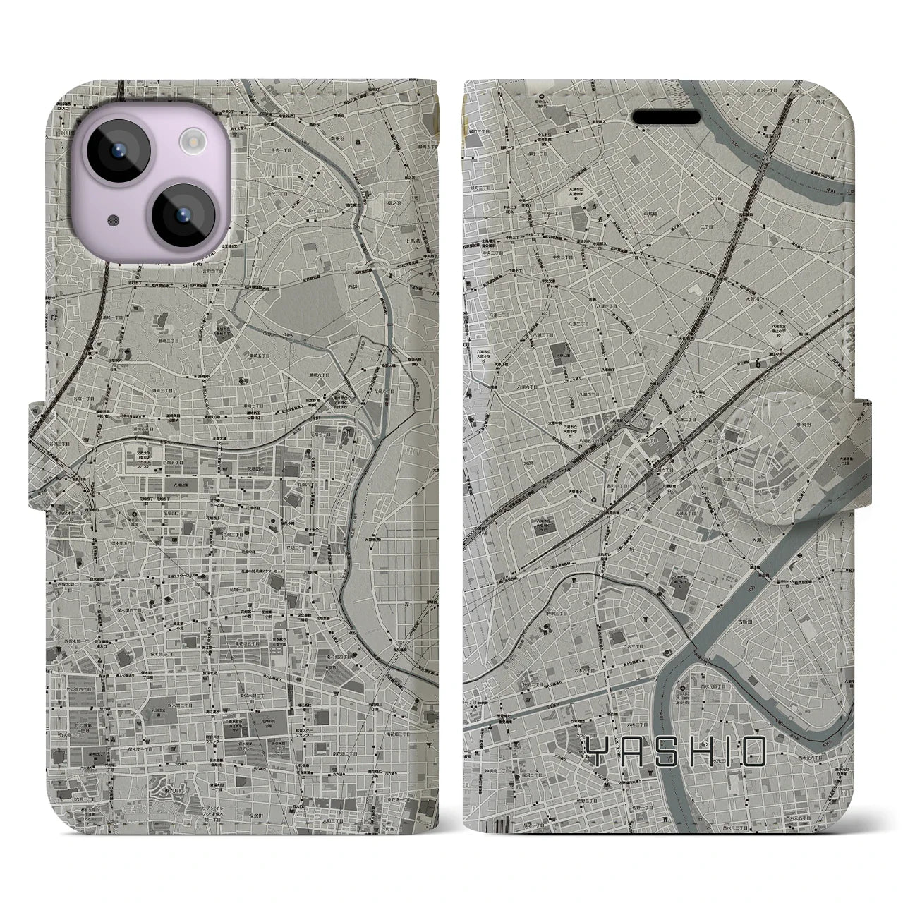 【八潮(埼玉県)】地図柄iPhoneケース(手帳タイプ)モノトーン・iPhone 14 用