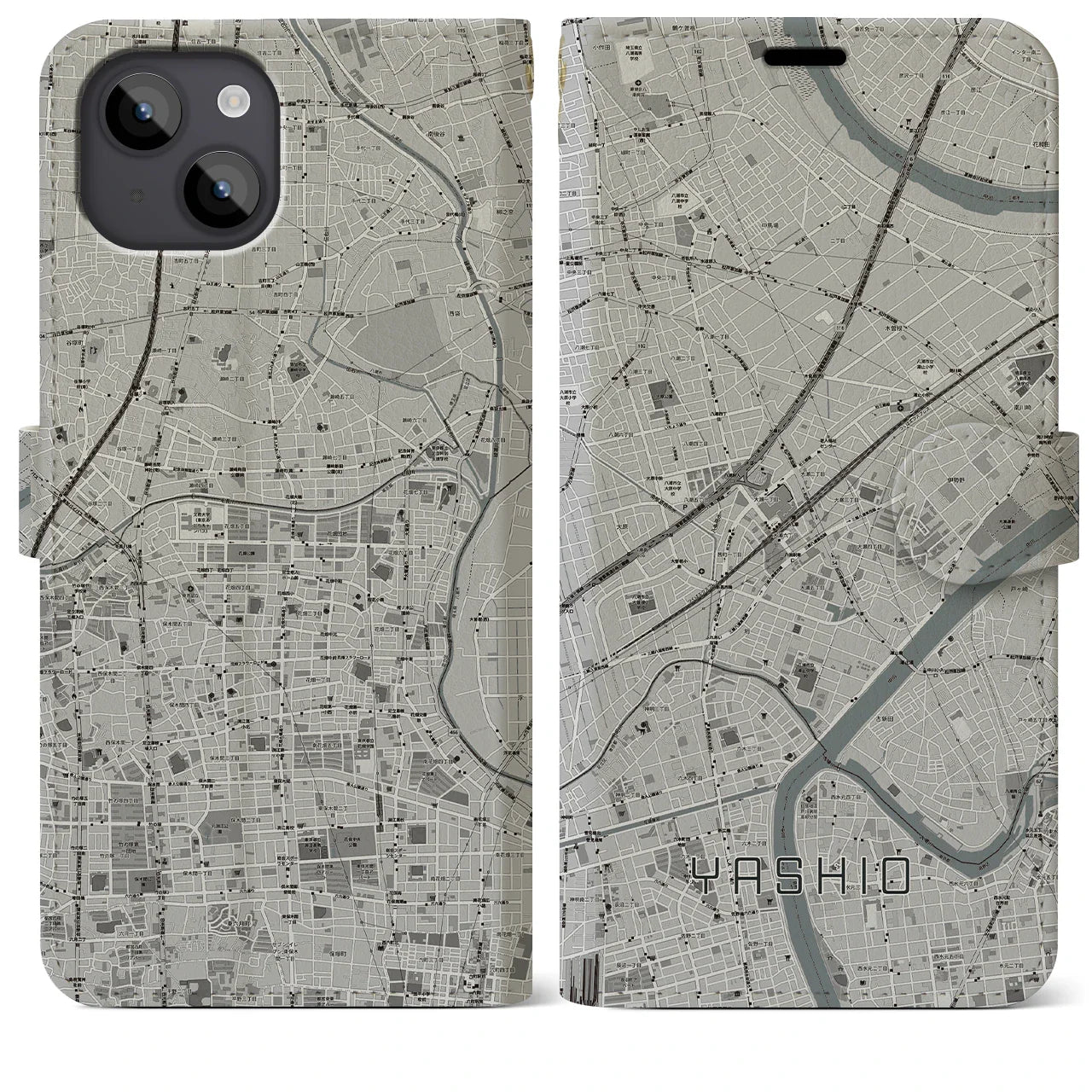 【八潮(埼玉県)】地図柄iPhoneケース(手帳タイプ)モノトーン・iPhone 14 Plus 用