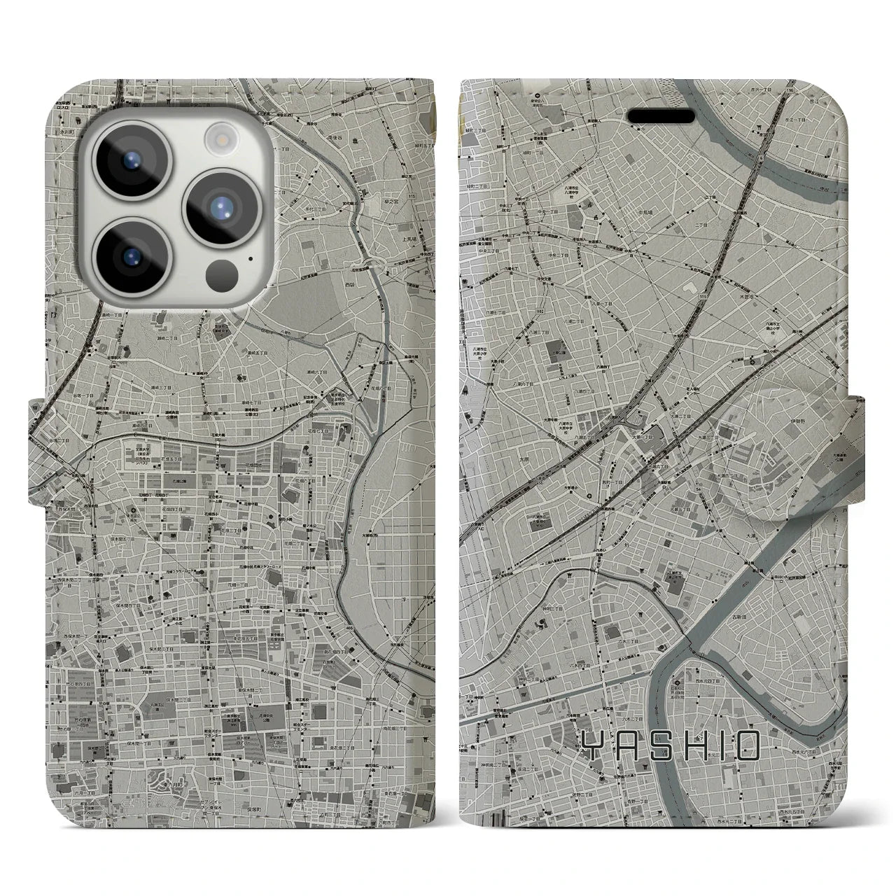 【八潮(埼玉県)】地図柄iPhoneケース(手帳タイプ)モノトーン・iPhone 15 Pro 用