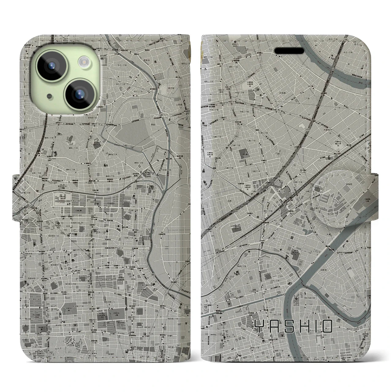 【八潮(埼玉県)】地図柄iPhoneケース(手帳タイプ)モノトーン・iPhone 15 用