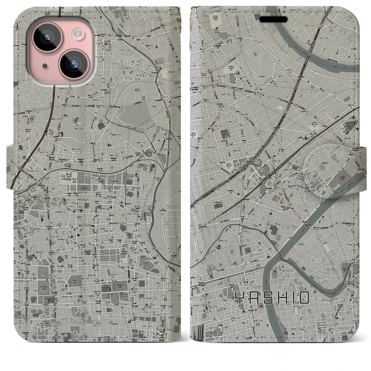 【八潮(埼玉県)】地図柄iPhoneケース(手帳タイプ)モノトーン・iPhone 15 Plus 用