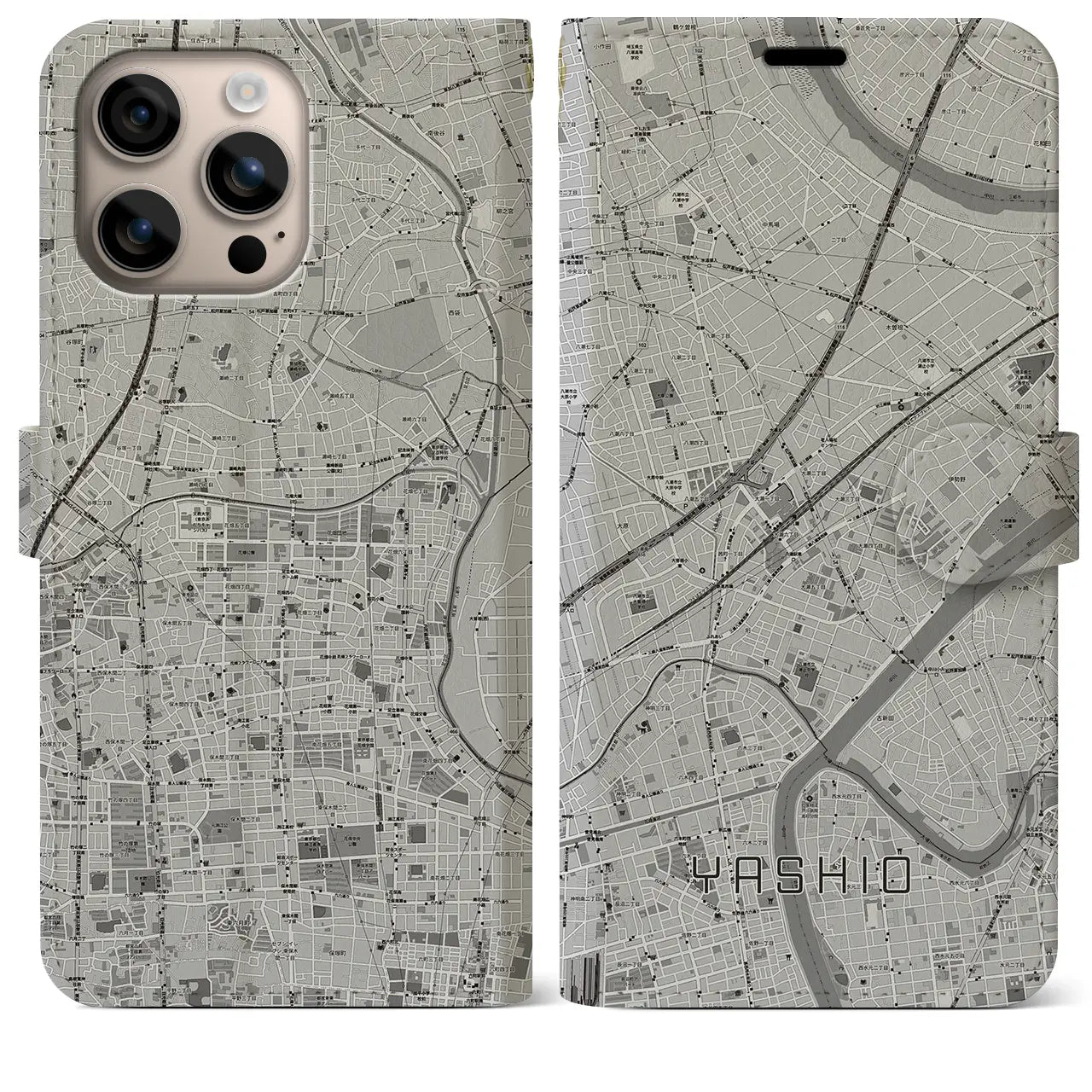 【八潮(埼玉県)】地図柄iPhoneケース(手帳タイプ)モノトーン・iPhone 16 Plus 用