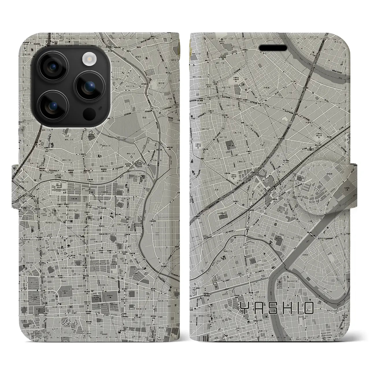 【八潮(埼玉県)】地図柄iPhoneケース(手帳タイプ)モノトーン・iPhone 16 用