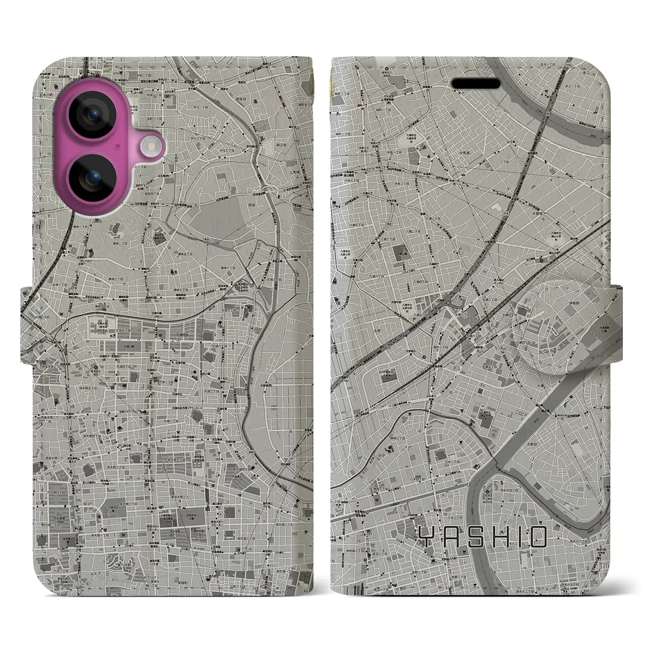【八潮(埼玉県)】地図柄iPhoneケース(手帳タイプ)モノトーン・iPhone 16 Pro 用