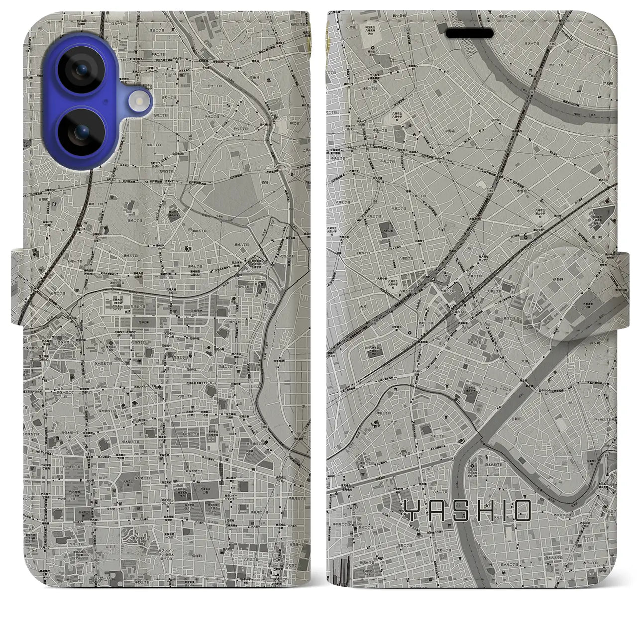 【八潮(埼玉県)】地図柄iPhoneケース(手帳タイプ)モノトーン・iPhone 16 Pro Max 用