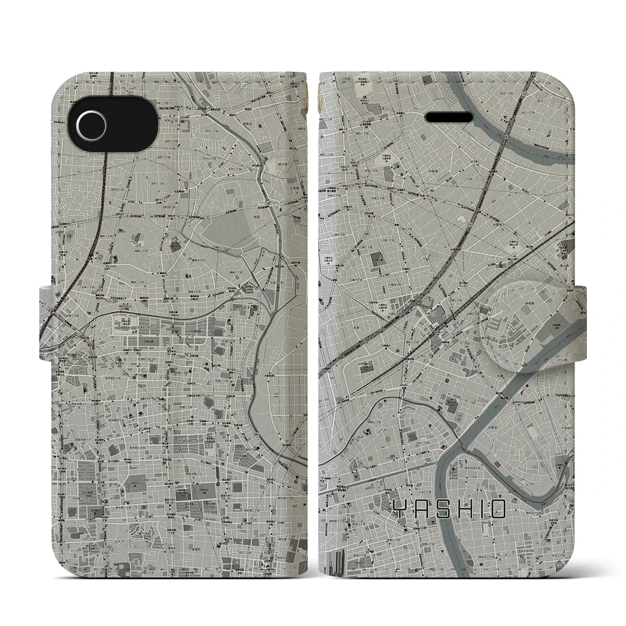 【八潮(埼玉県)】地図柄iPhoneケース(手帳タイプ)モノトーン・iPhone SE(第3 / 第2世代) / 8 / 7 / 6s / 6 用