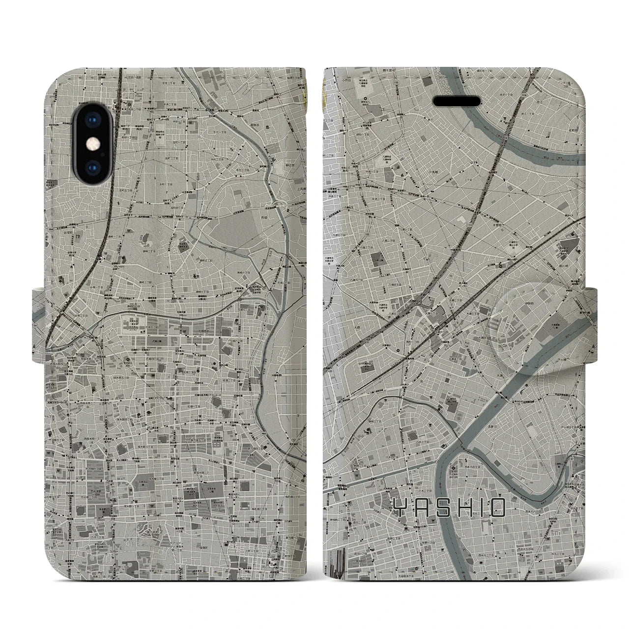 【八潮(埼玉県)】地図柄iPhoneケース(手帳タイプ)モノトーン・iPhone XS / X 用