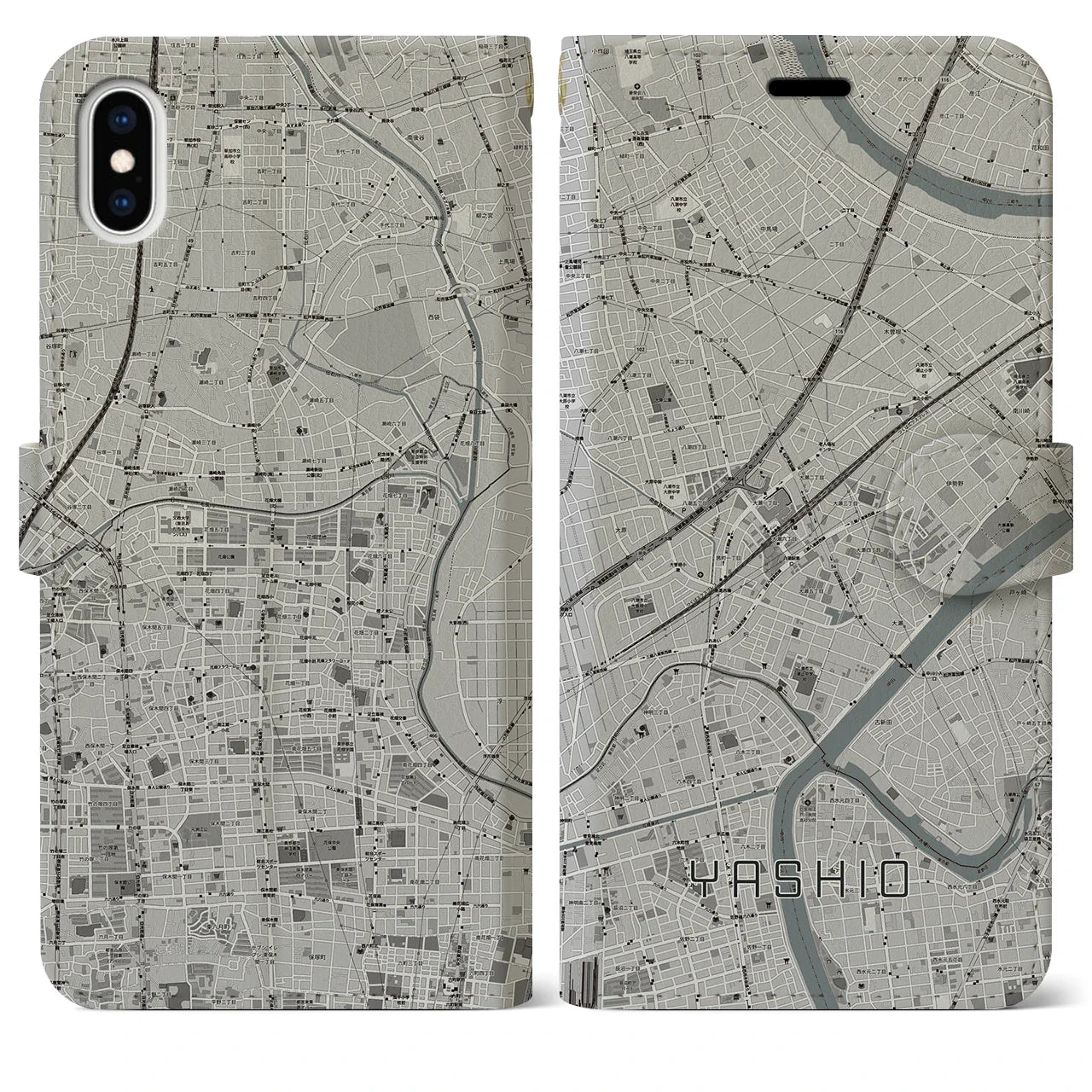 【八潮(埼玉県)】地図柄iPhoneケース(手帳タイプ)モノトーン・iPhone XS Max 用