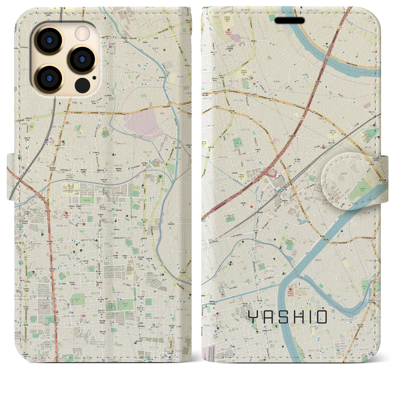 【八潮(埼玉県)】地図柄iPhoneケース(手帳タイプ)ナチュラル・iPhone 12 Pro Max 用