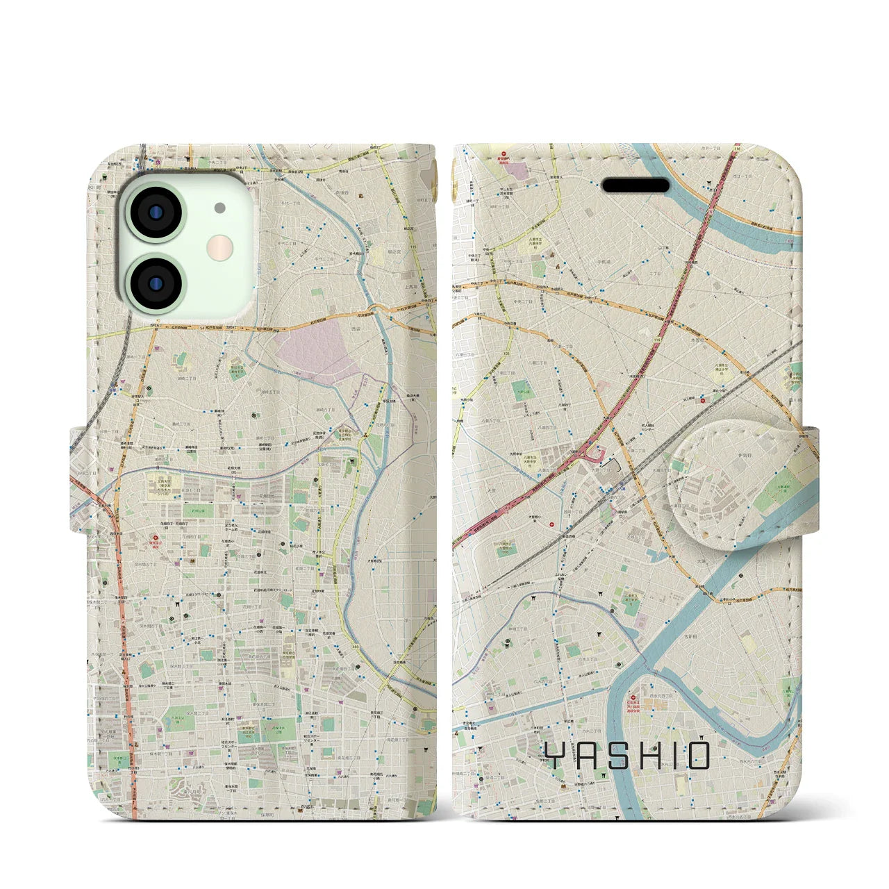 【八潮(埼玉県)】地図柄iPhoneケース(手帳タイプ)ナチュラル・iPhone 12 mini 用