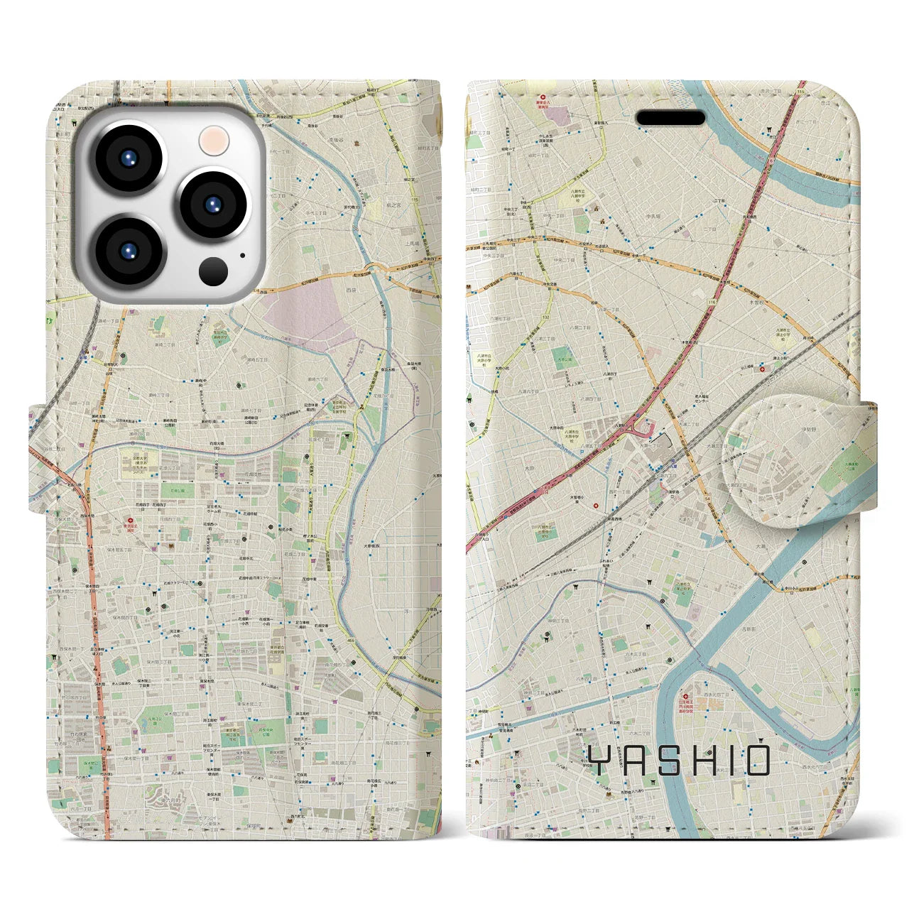 【八潮(埼玉県)】地図柄iPhoneケース(手帳タイプ)ナチュラル・iPhone 13 Pro 用