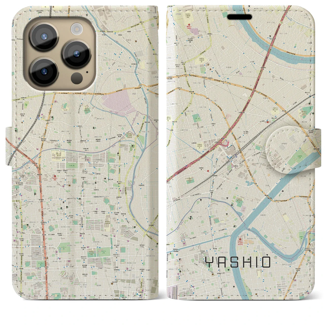 【八潮(埼玉県)】地図柄iPhoneケース(手帳タイプ)ナチュラル・iPhone 14 Pro Max 用