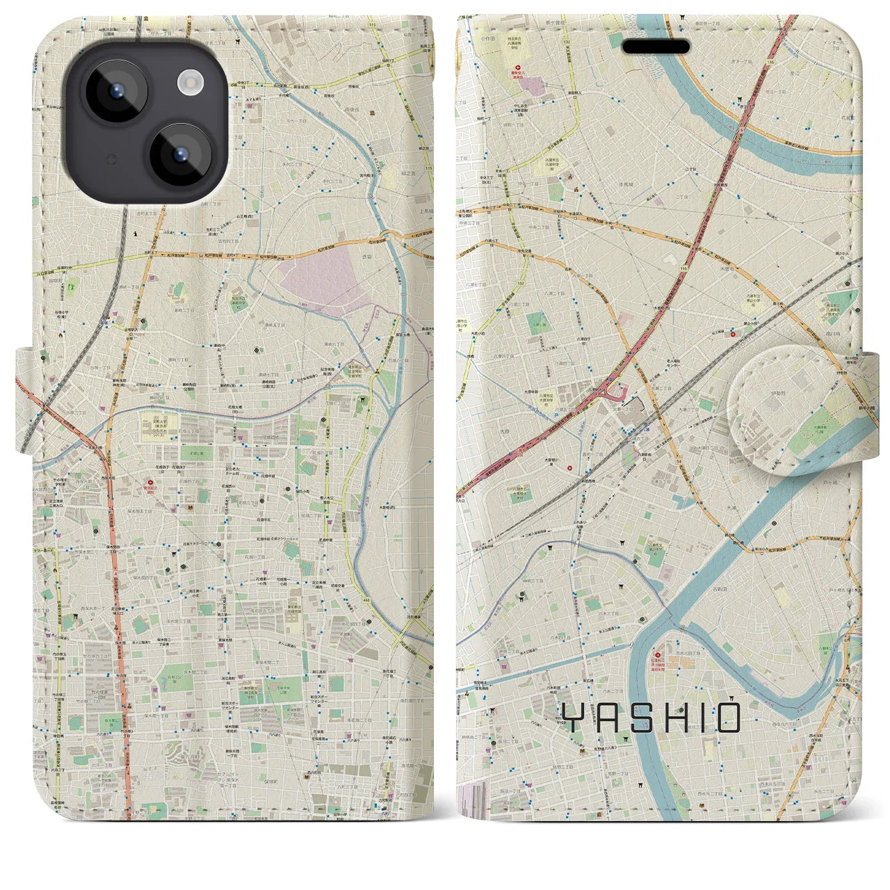 【八潮(埼玉県)】地図柄iPhoneケース(手帳タイプ)ナチュラル・iPhone 14 Plus 用