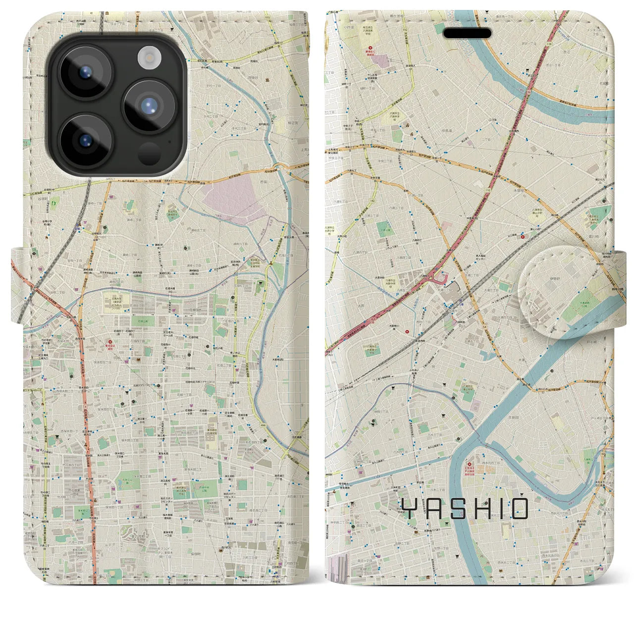【八潮(埼玉県)】地図柄iPhoneケース(手帳タイプ)ナチュラル・iPhone 15 Pro Max 用