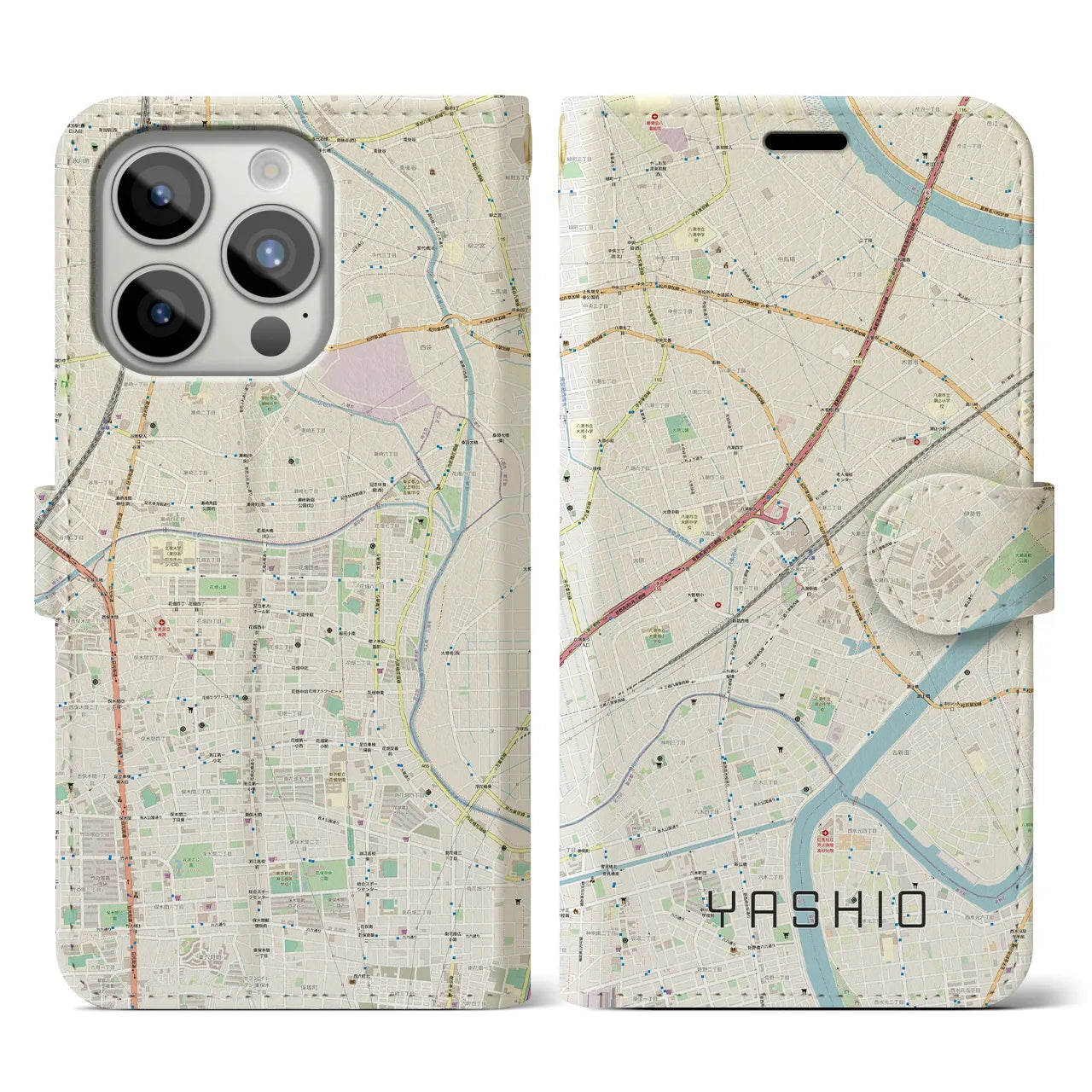 【八潮(埼玉県)】地図柄iPhoneケース(手帳タイプ)ナチュラル・iPhone 15 Pro 用