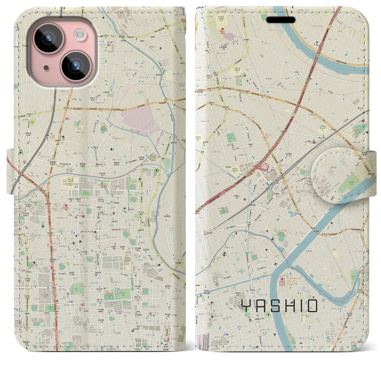 【八潮(埼玉県)】地図柄iPhoneケース(手帳タイプ)ナチュラル・iPhone 15 Plus 用