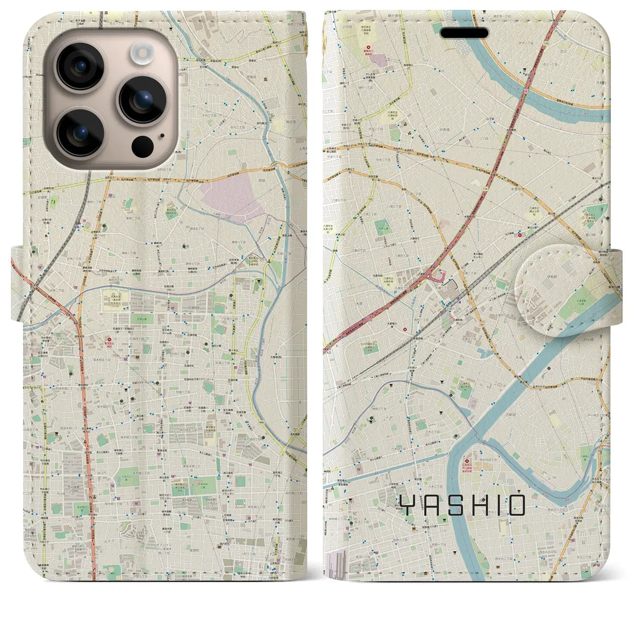 【八潮(埼玉県)】地図柄iPhoneケース(手帳タイプ)ナチュラル・iPhone 16 Plus 用
