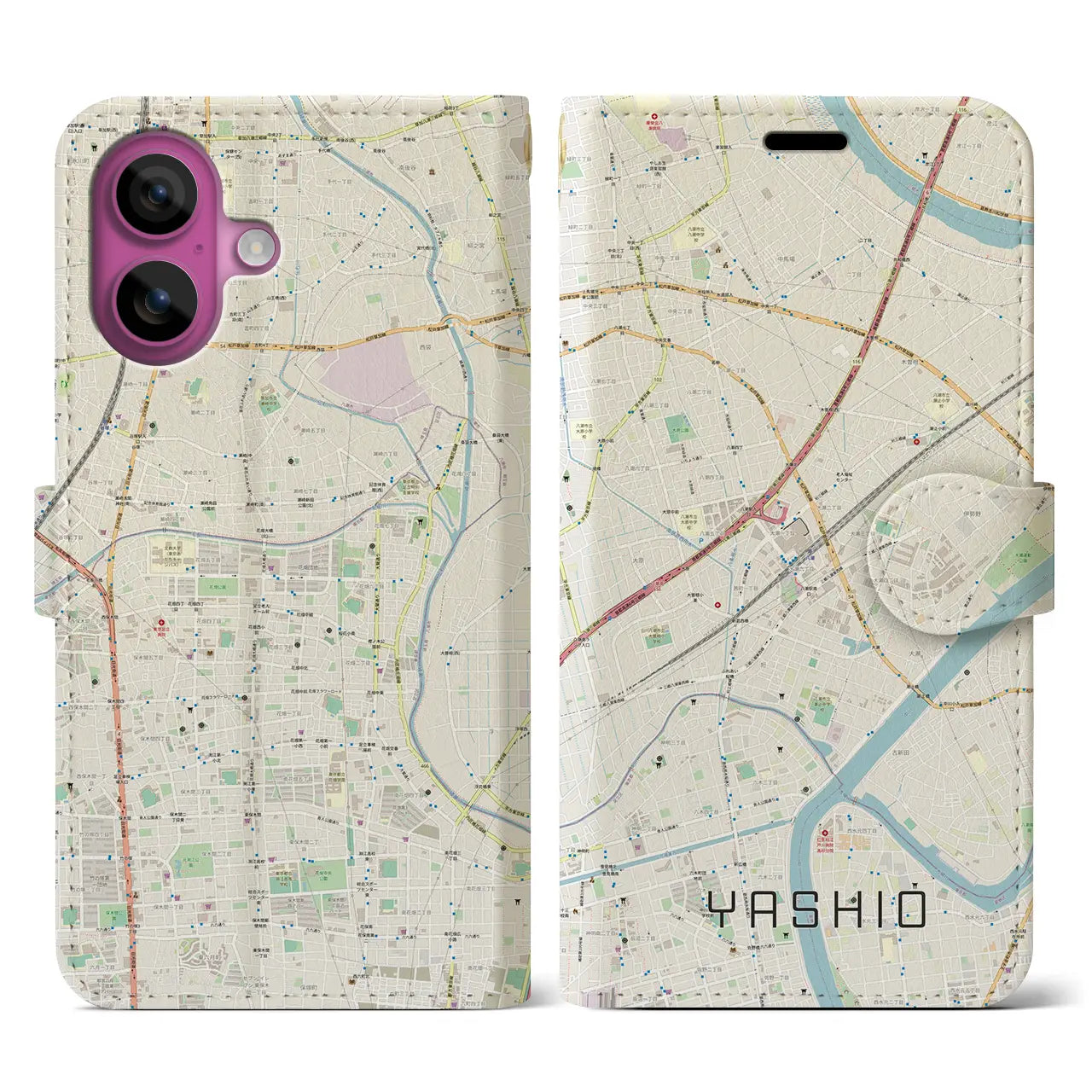 【八潮(埼玉県)】地図柄iPhoneケース(手帳タイプ)ナチュラル・iPhone 16 Pro 用
