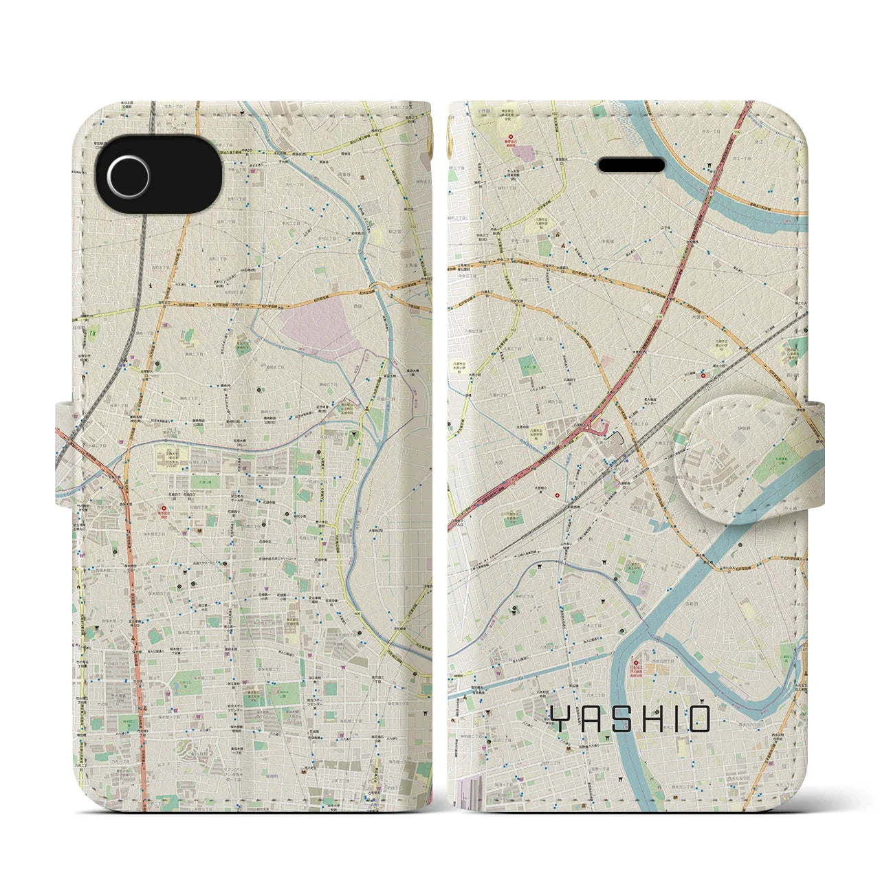 【八潮(埼玉県)】地図柄iPhoneケース(手帳タイプ)ナチュラル・iPhone SE(第3 / 第2世代) / 8 / 7 / 6s / 6 用