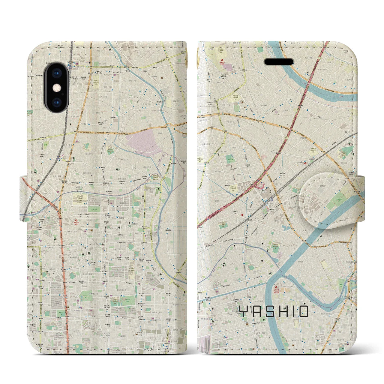 【八潮(埼玉県)】地図柄iPhoneケース(手帳タイプ)ナチュラル・iPhone XS / X 用