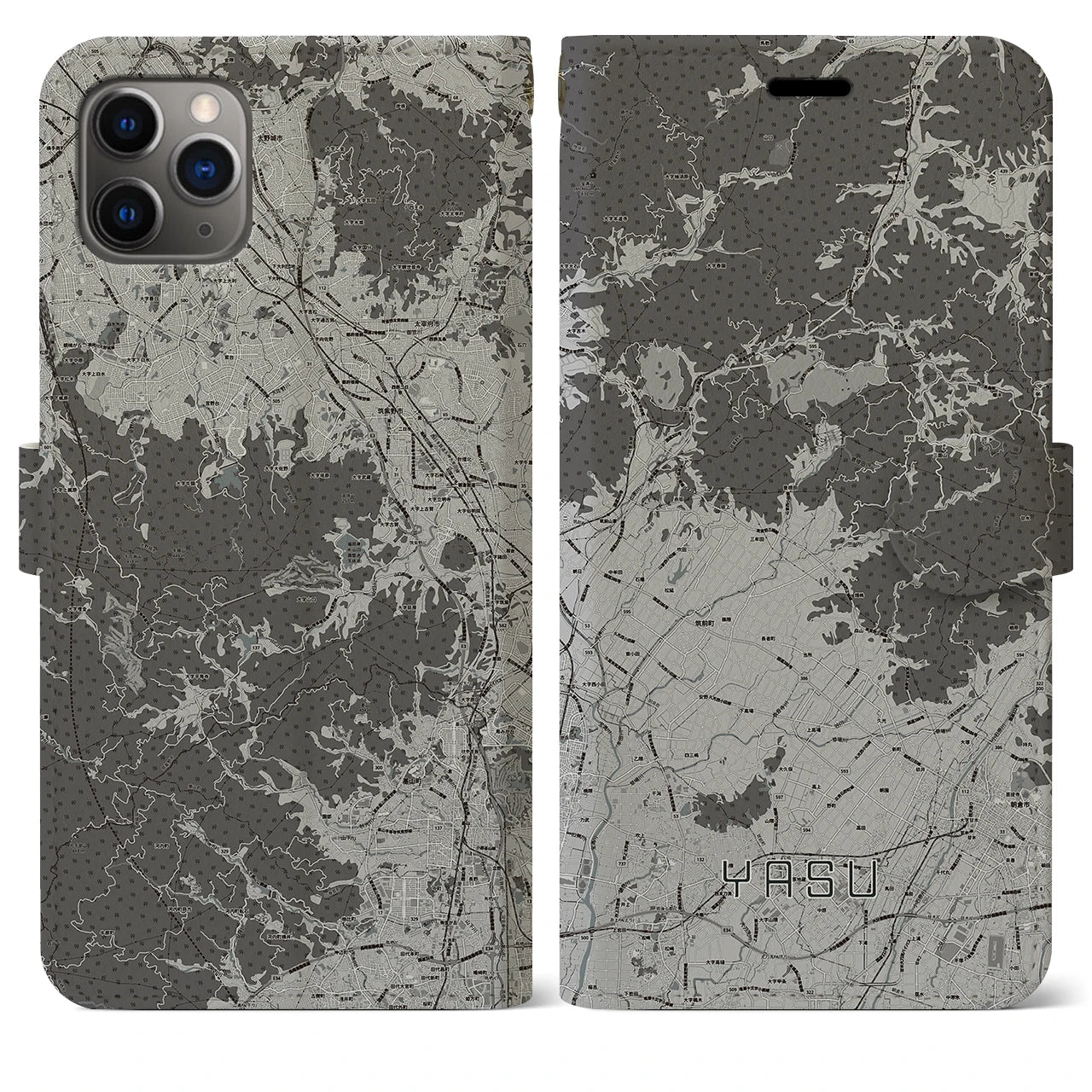 【夜須(福岡県)】地図柄iPhoneケース(手帳タイプ)モノトーン・iPhone 11 Pro Max 用