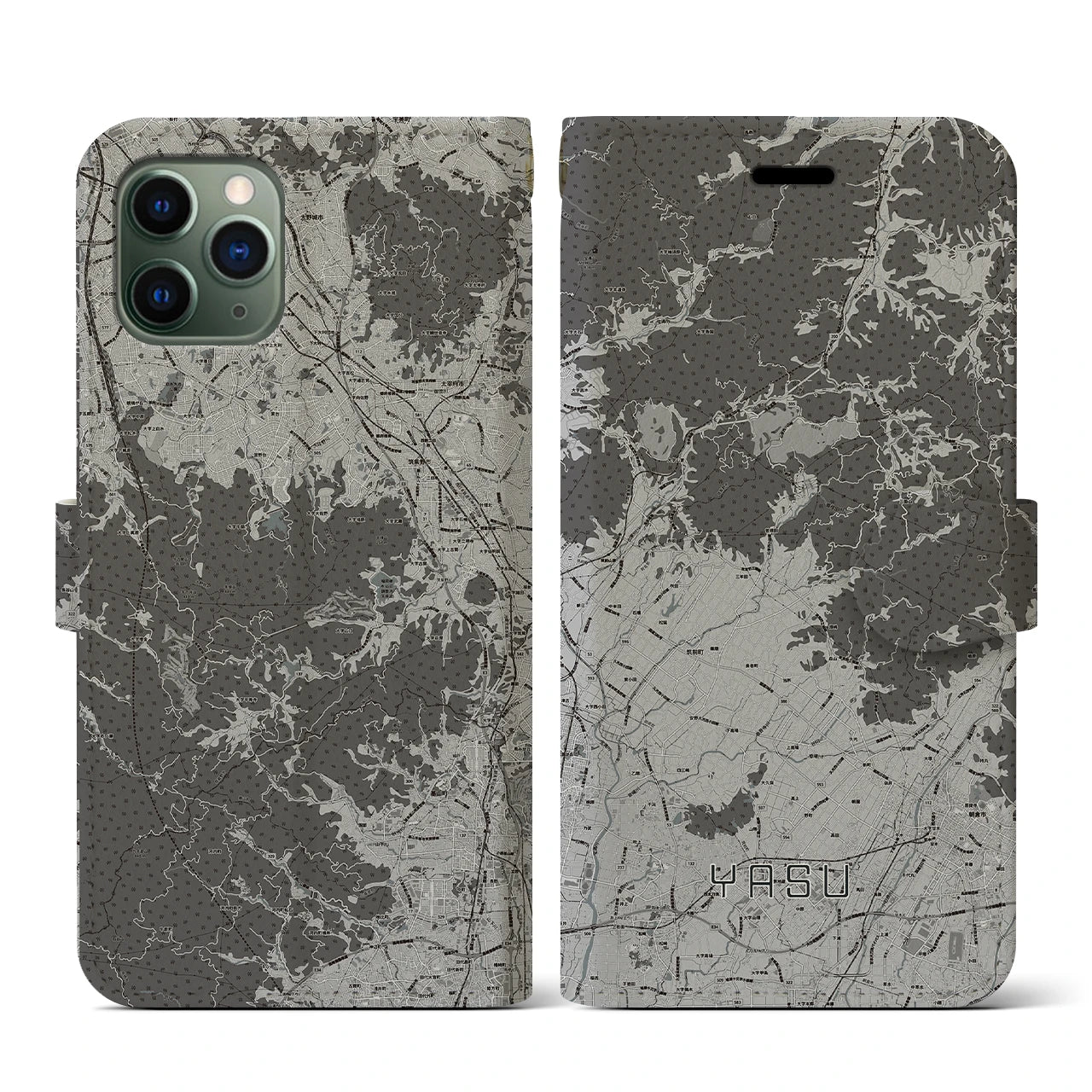 【夜須(福岡県)】地図柄iPhoneケース(手帳タイプ)モノトーン・iPhone 11 Pro 用