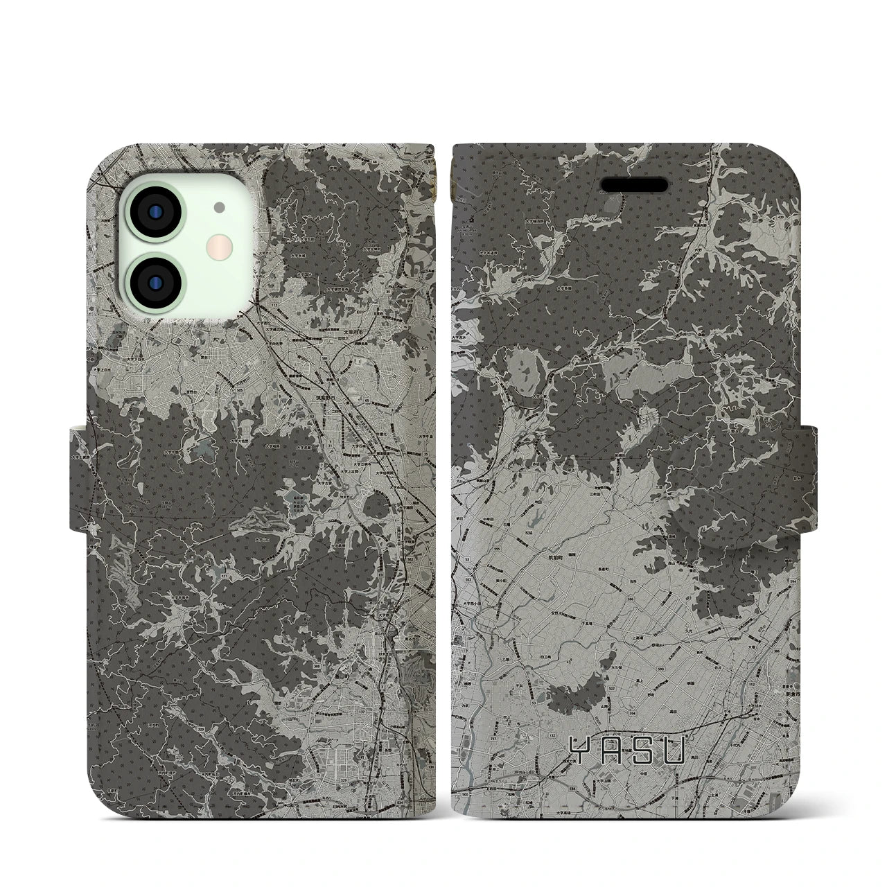 【夜須(福岡県)】地図柄iPhoneケース(手帳タイプ)モノトーン・iPhone 12 mini 用