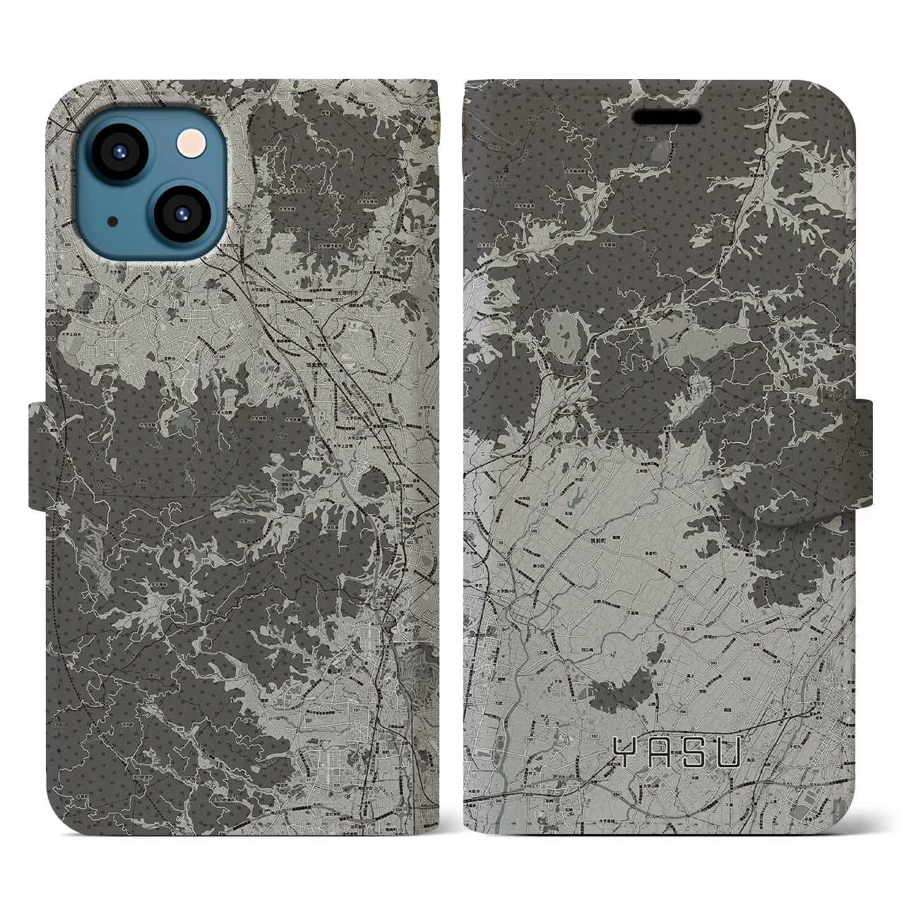 【夜須(福岡県)】地図柄iPhoneケース(手帳タイプ)モノトーン・iPhone 13 用
