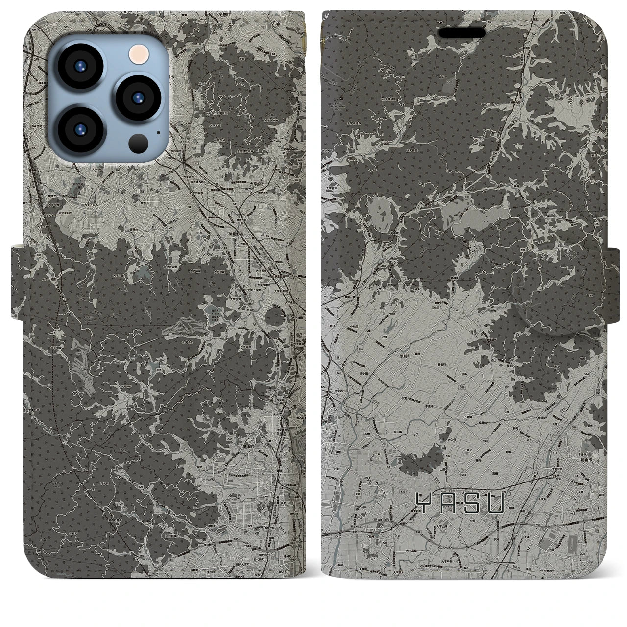 【夜須(福岡県)】地図柄iPhoneケース(手帳タイプ)モノトーン・iPhone 13 Pro Max 用