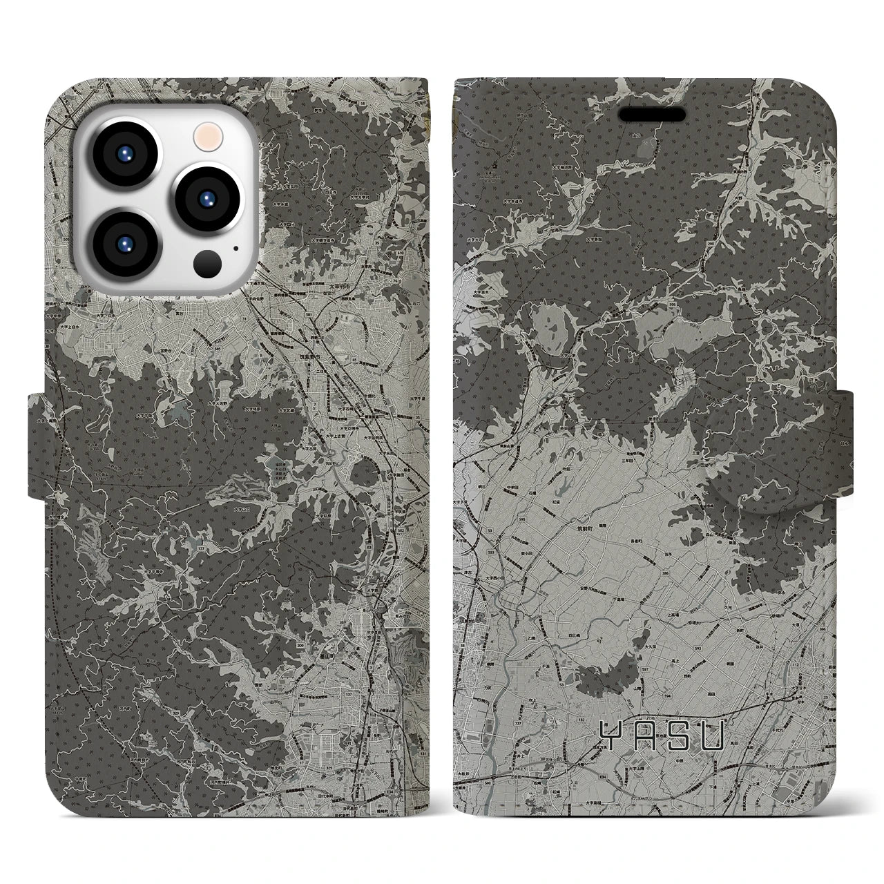 【夜須(福岡県)】地図柄iPhoneケース(手帳タイプ)モノトーン・iPhone 13 Pro 用