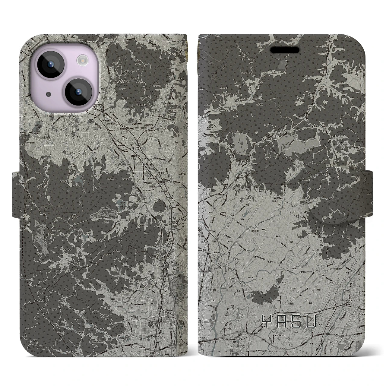 【夜須(福岡県)】地図柄iPhoneケース(手帳タイプ)モノトーン・iPhone 14 用
