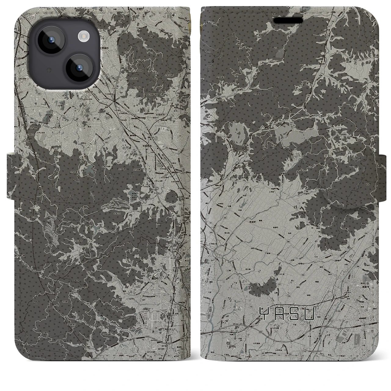 【夜須(福岡県)】地図柄iPhoneケース(手帳タイプ)モノトーン・iPhone 14 Plus 用