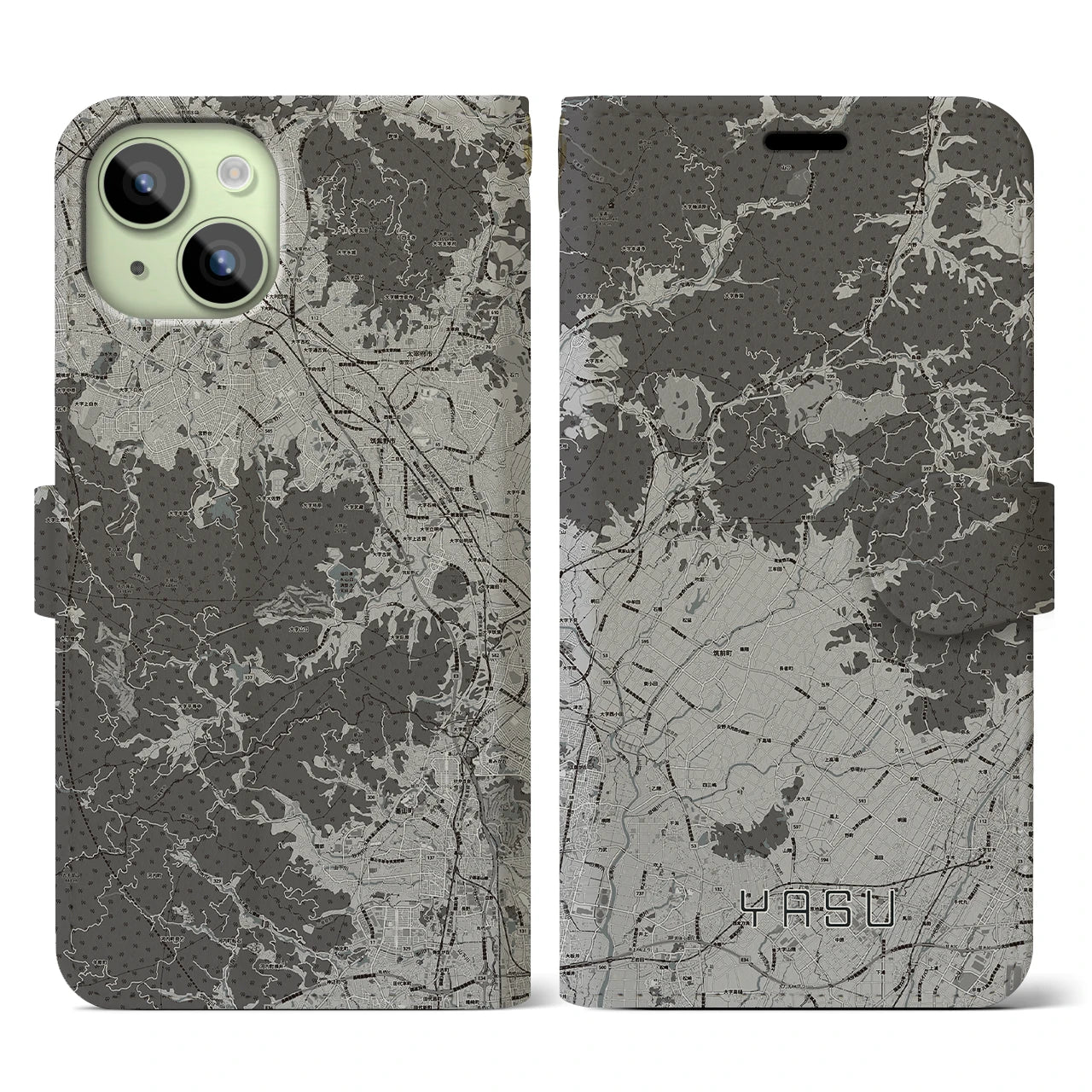 【夜須(福岡県)】地図柄iPhoneケース(手帳タイプ)モノトーン・iPhone 15 用