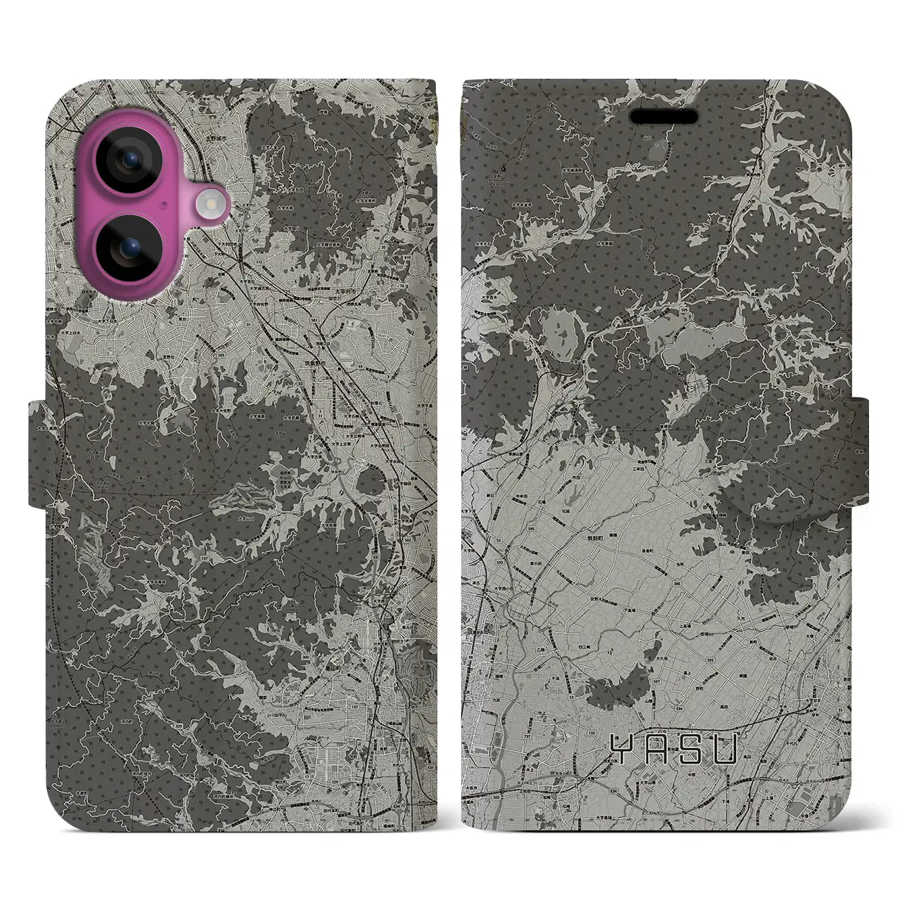 【夜須(福岡県)】地図柄iPhoneケース(手帳タイプ)モノトーン・iPhone 16 Pro 用