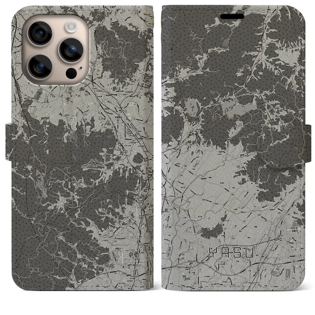 【夜須(福岡県)】地図柄iPhoneケース(手帳タイプ)モノトーン・iPhone 16 Plus 用