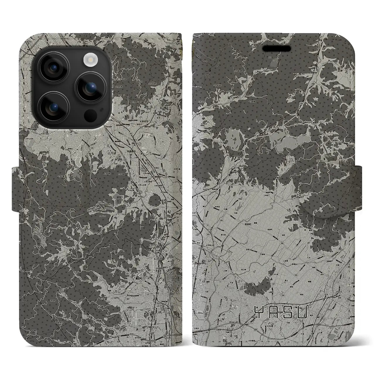 【夜須(福岡県)】地図柄iPhoneケース(手帳タイプ)モノトーン・iPhone 16 用