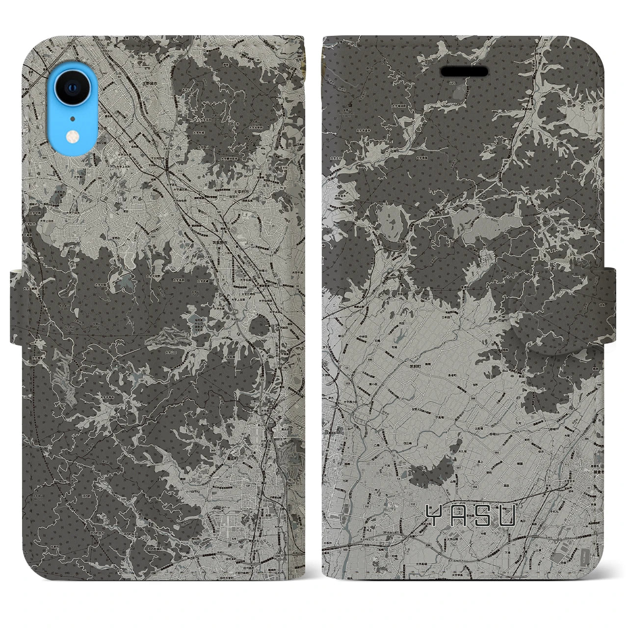 【夜須(福岡県)】地図柄iPhoneケース(手帳タイプ)モノトーン・iPhone XR 用