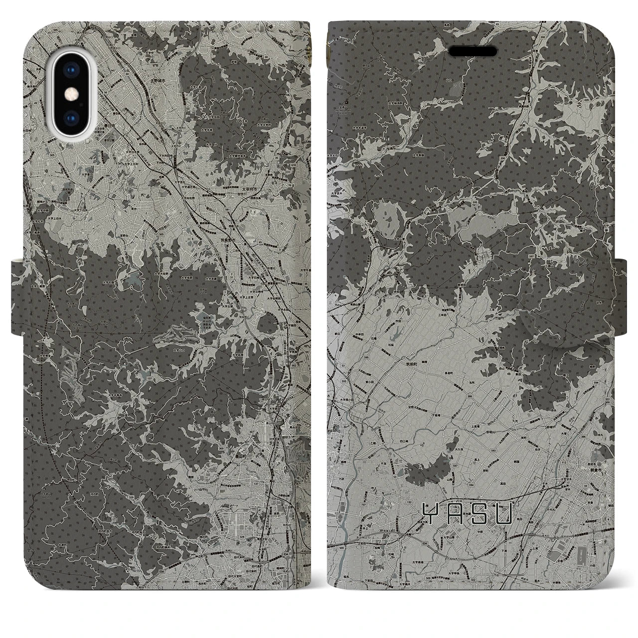 【夜須(福岡県)】地図柄iPhoneケース(手帳タイプ)モノトーン・iPhone XS Max 用