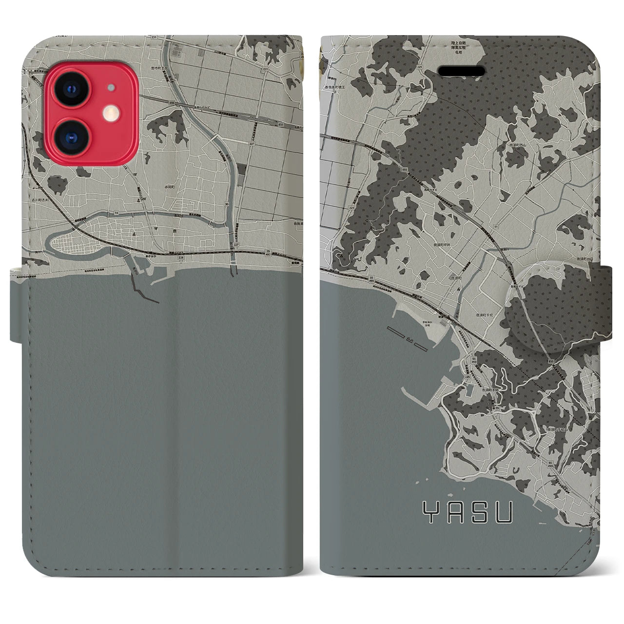 【夜須(高知県)】地図柄iPhoneケース(手帳タイプ)モノトーン・iPhone 11 用