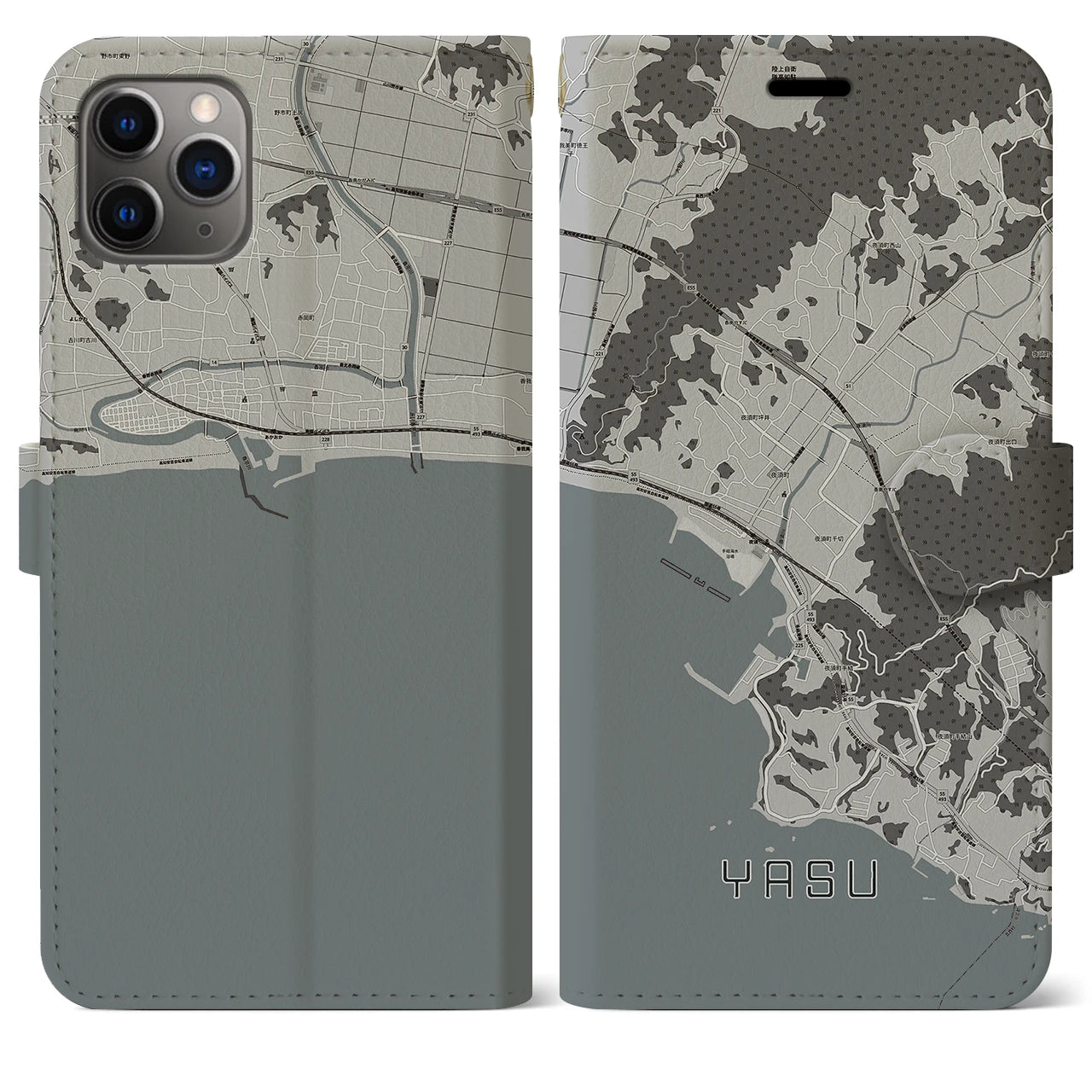 【夜須(高知県)】地図柄iPhoneケース(手帳タイプ)モノトーン・iPhone 11 Pro Max 用