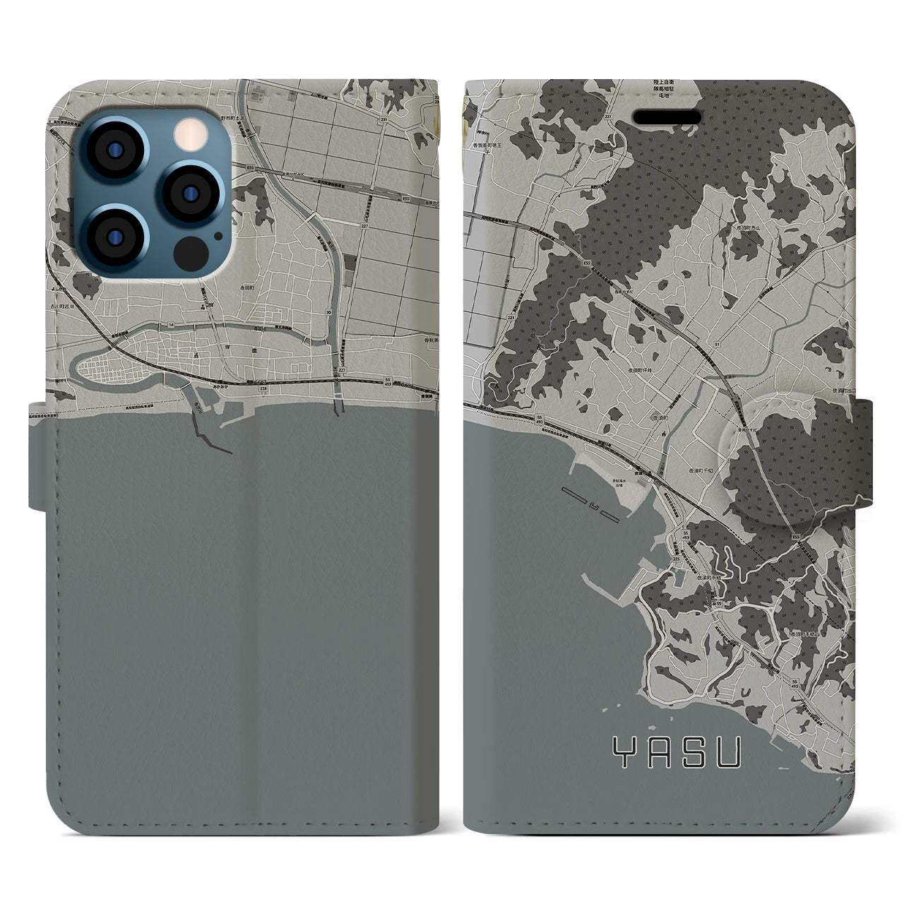 【夜須(高知県)】地図柄iPhoneケース(手帳タイプ)モノトーン・iPhone 12 / 12 Pro 用