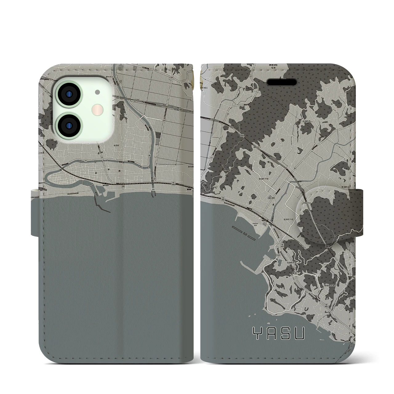 【夜須(高知県)】地図柄iPhoneケース(手帳タイプ)モノトーン・iPhone 12 mini 用